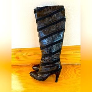 Salvatore Ferragamo Black Embossed Vintage Boots, 3” Heel, Well Made, GUC